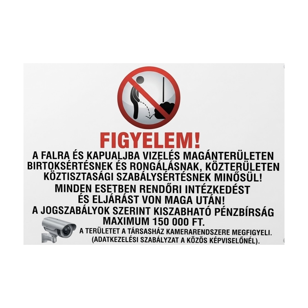 Vizelni tilos figyelmeztető tábla vagy matrica (Pénzbírság és kamera tájékoztatással)